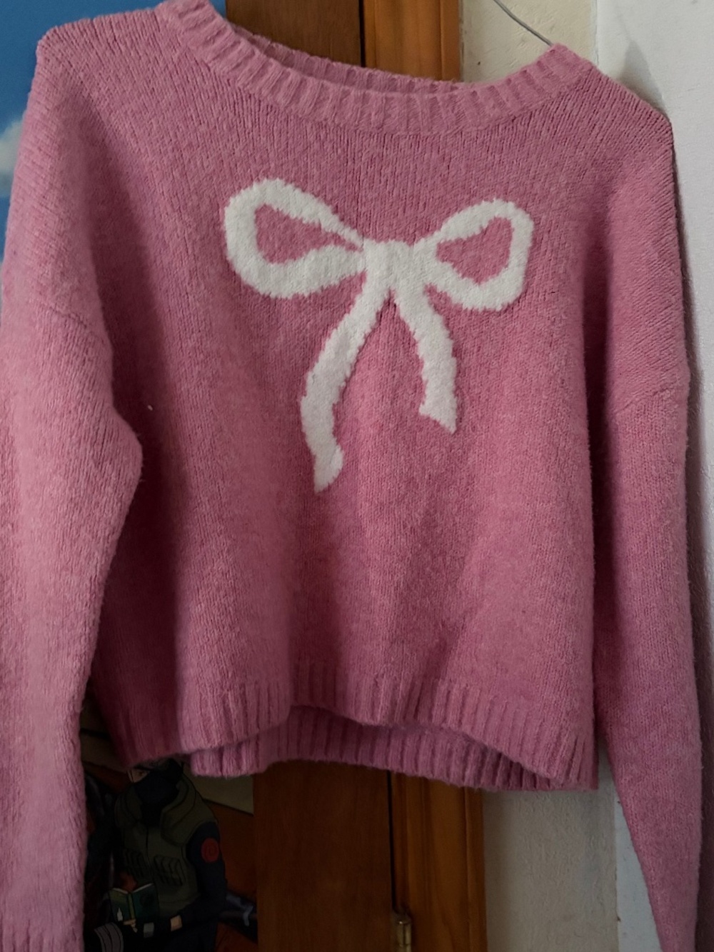 Jessica Simpson pink fluff sweater with white bow, size s